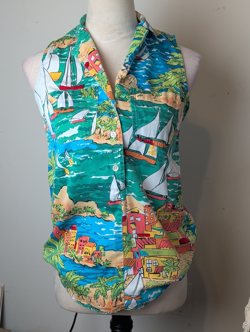 Vintage Bushwacker Sailboat Island Print Sleeveless Popover Top 90s Coastal